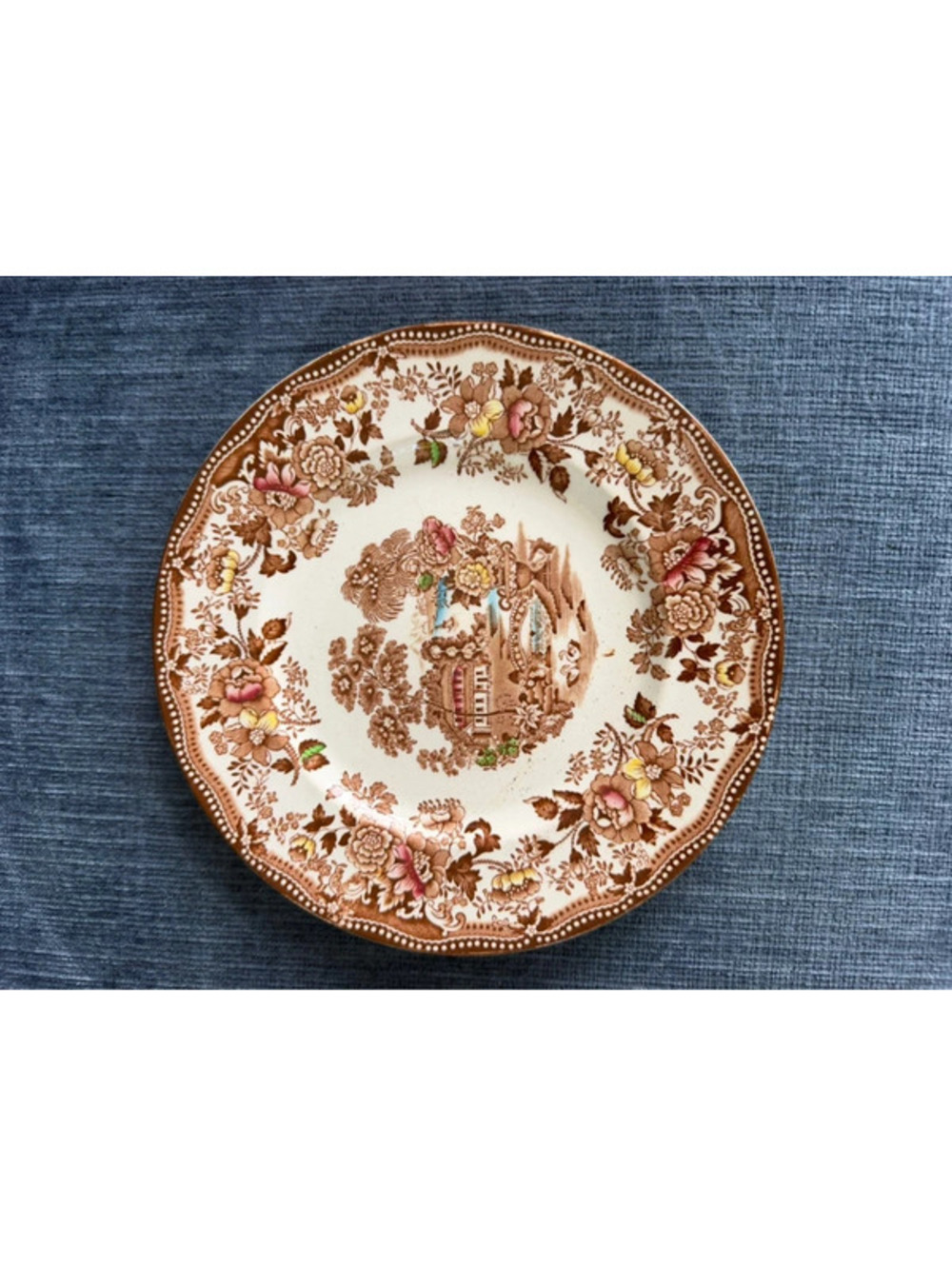 vintage English transferware ceramic plate in the Tonquin pattern